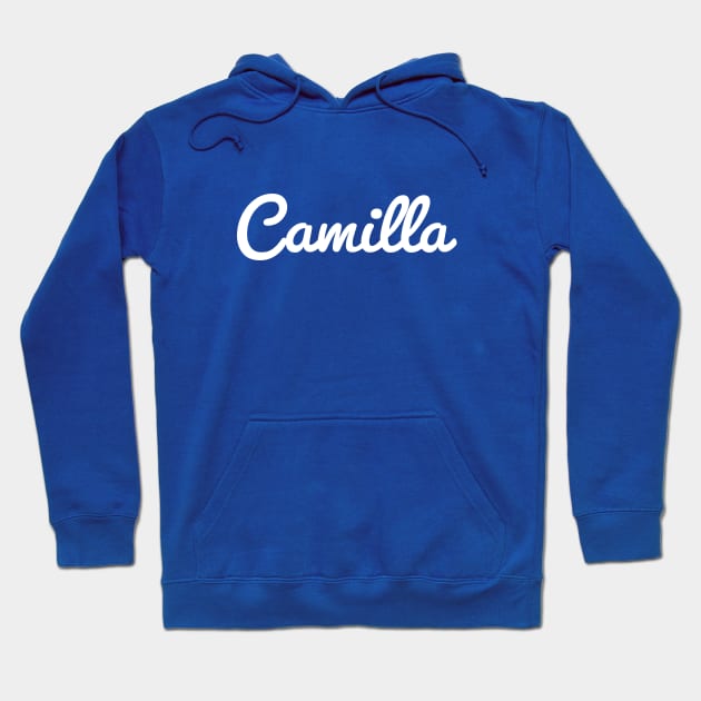 Camilla Cursive Script Typography White Text Hoodie by ellenhenryart